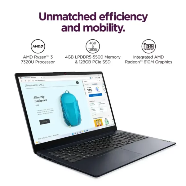 Lenovo IdeaPad 1 laptop with Ryzen 3, 4GB RAM, and 128GB SSD in Abyss Blue-details
