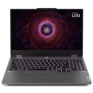 Lenovo LOQ 15.6-inch Gaming Laptop with Ryzen 7 and RTX 4070 in Luna Grey – front view with backlit keyboard and high-refresh display.