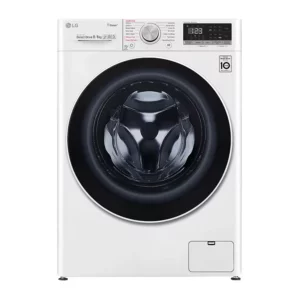 Front view of LG F4V5VGP0W washer dryer combo control panel, white